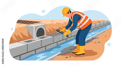 Construction worker installing drainage system on a sunny day.