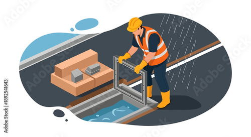Construction worker installing drainage system on rainy day.