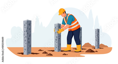Construction worker installing concrete pillars on a building site.