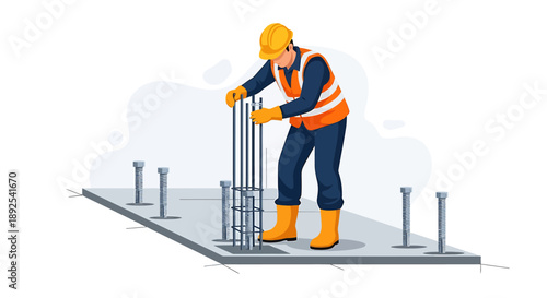 Construction worker installing rebar on a concrete foundation.