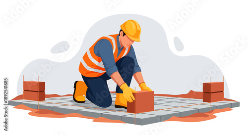 Construction worker laying bricks on a building site wearing safety gear.