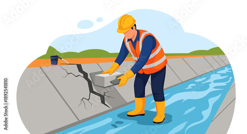 Construction worker repairing concrete canal with water flowing.