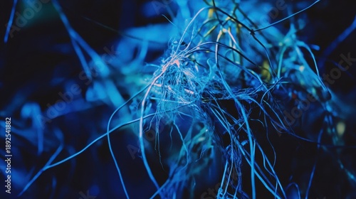 A deep blue abstract macro photograph captures a tangled mass of fine electrical wires and optical fibers glowing with vibrant energy and intricate connections