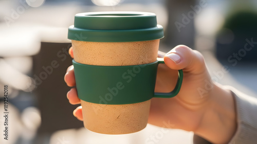 Hand holding an eco friendly reusable coffee cup outdoors