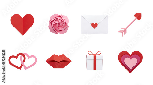 Valentine's day origami set including paper hearts, rose, envelope, arrow, lips, and gift box. Romantic papercraft collection for holiday cards and decor.