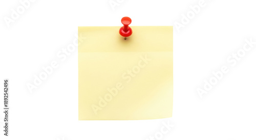 Yellow sticky note with red push pin PNG isolated on transparent background, reminder message for office and personal use