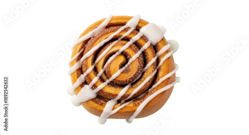Delicious cinnamon roll with icing isolated PNG, sweet pastry dessert for breakfast or snack on transparent background