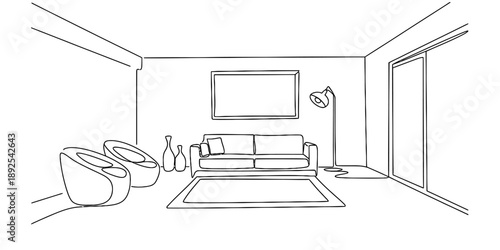 Simple line art sketch of a modern minimalist living room interior design concept Vector, illustration