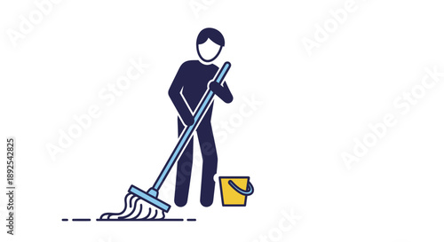 Person Sweeping Floor with Broom and Bucket.