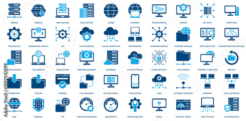 Web Hosting Icon Set. Containing Server, Website, Data Center, Internet, Programming, Coding, Big Data, Computer, Technology, Worldwide Traffic Icon. Simple Dual tone Vector 