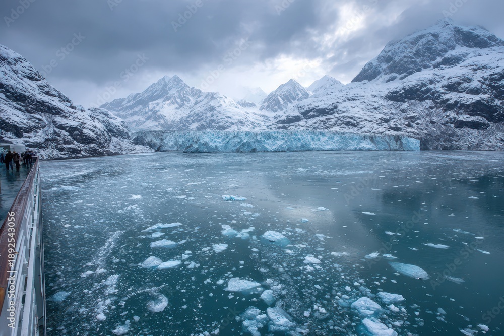 Obraz premium Alaskan Glacier Bay Landscape: Blue Ice, Calving Edges, and Distant Snowy Peaks