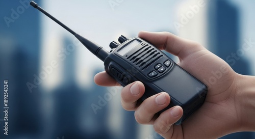 Hand holding black portable walkie talkie radio against blurred city building background