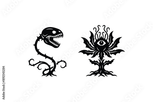 Collection of two monstrous fantasy plants with sharp teeth and an all-seeing eye design