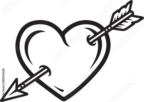 Black and white heart pierced by arrow vector illustration
