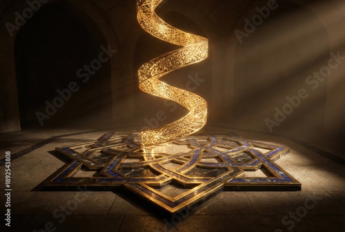 A golden spiral ornament stands prominently on a patterned floor. The design showcases traditional Islamic artistry as light highlights its beauty in a serene indoor setting