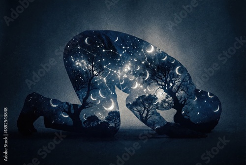 Muslim individuals participate in prayer during a holiday celebration. The scene shows a clear night sky filled with stars and a bright moon. This moment reflects faith and devotion