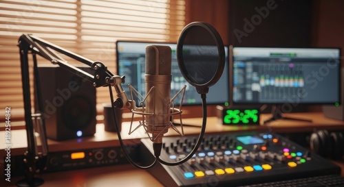 Home recording studio for podcasting featuring professional condenser mic and sound board