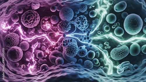 The estrogen-dominant side displays intense conversion waves within endocrine cells, with glowing intermediates forming rapidly. The low-progesterone side shows slower, softer synthesis streams