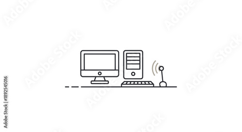 Simple Line Drawing of Desktop Computer System.