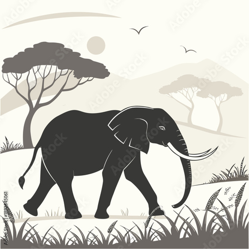 A black silhouette vector illustration of a wild elephant standing calmly in the forest, simple cartoon style suitable for nature and wildlife design