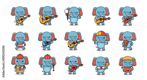 Cute Elephant Musician Cartoon Character Set