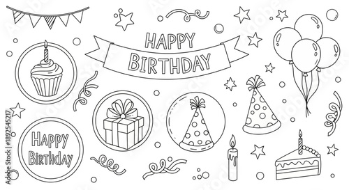 Happy Birthday Doodle Collection: Hand-Drawn Party Icons, Banners, and Cakes Line Art Set