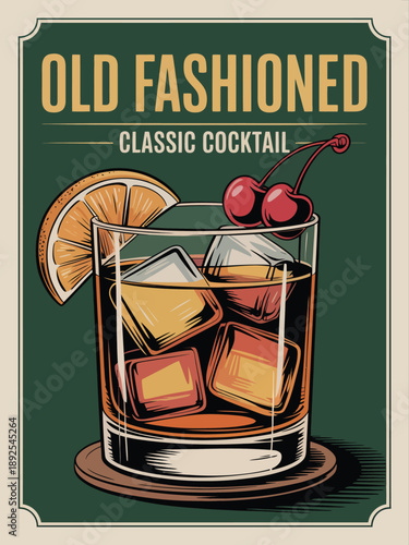 Cocktail Poster, Old Fashioned Cocktail Poster, with Large Golden Yellow Text and Smaller White Classic Cocktail Text