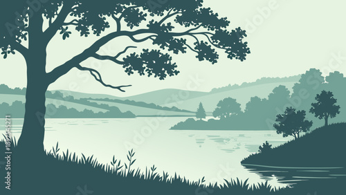 Serene Waterscape: A tranquil vista unfolds, with a graceful tree casting its silhouette over a placid lake, and gentle hills rolling into the distance, painted in soothing shades.