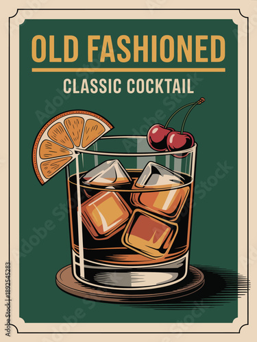 Cocktail Poster, Classic Old Fashioned Poster Featuring Bold Typography and Stylish Cocktail Design