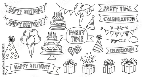 Happy Birthday Doodle Collection: Hand-Drawn Party Icons, Banners, and Cakes Line Art Set