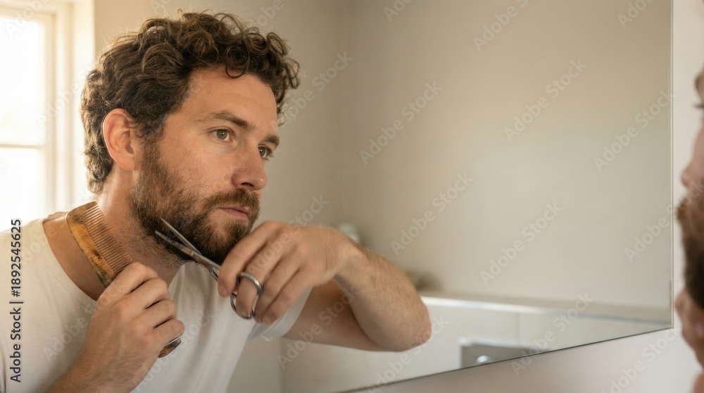 Fototapeta premium Bearded man caucasian trimming his beard at a bathroom mirror. Grooming enthusiast shaping facial hair during a daily male grooming ritual and skincare routine
