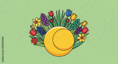 Vibrant easter egg surrounded by colorful spring flowers on green background symbolizing renewal and celebration