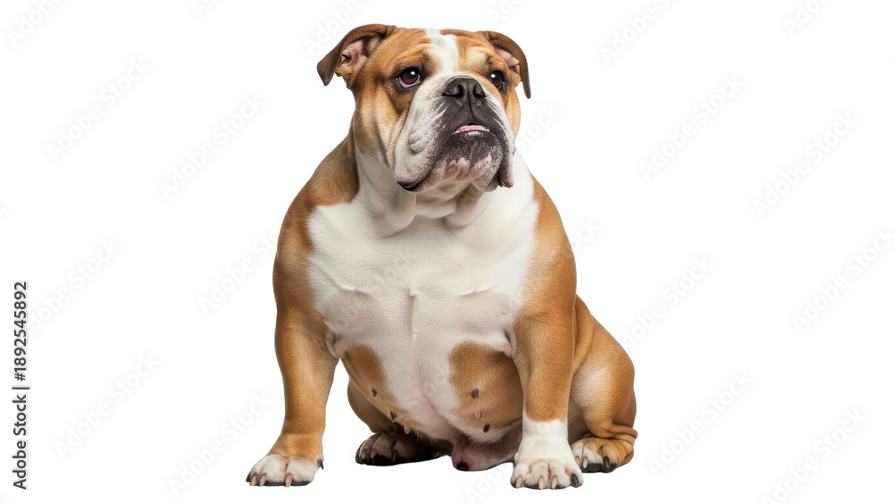 Obraz premium Brown and white English Bulldog sitting with tongue out isolated PNG with Transparent Background