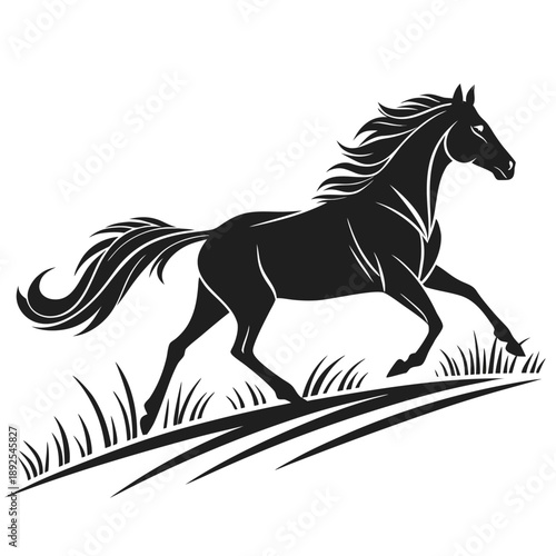 A wild black mustang stallion runs in a graceful gallop in this equestrian vector illustration featuring a silhouette of a powerful equine animal design
