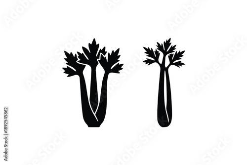 Two styles of black silhouette celery stalks on a clean white background for a healthy food concept