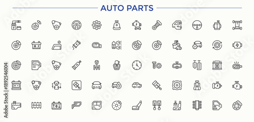 Set of Auto Parts line icon. Containing automotive, car, parts, spare, repair, part, service. Outline icons in linear style. Auto line icon set. Vector illustration. Pixel perfect.