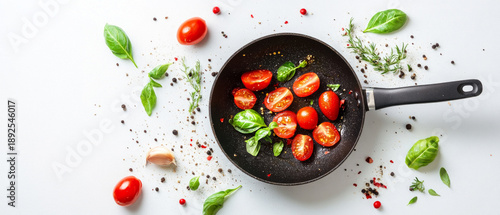 Fresh tomatoes, spices and herbs in a frying pan create an appetising image for culinary blogs or kitchenware advertisements, serving as the main backdrop.
