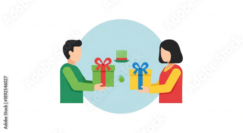 Man and woman exchanging colorful gifts in a festive scene with bows and ribbons on a light blue background