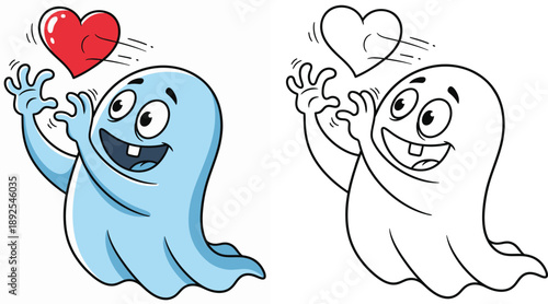 For kids' activity books and Halloween Valentine's Day fun, this adorable vector illustration set features a colored version and a black and white outline of a ghost mascot catching a flying heart