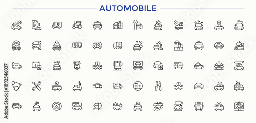 Automobile linear icon collection. Outline icons collection. Containing service, element, parts, spare. Vector illustration. Car simple icon set.