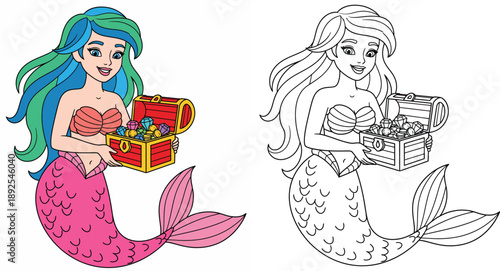Gorgeous Mermaid Holding a Treasure Chest Vector Set for Children's Activity Books and Educational Material with Colored Illustration and Black and White Outline Coloring Page