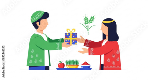 Man and woman exchanging gifts on nowruz persian new year with traditional symbols
