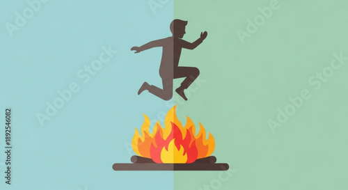 Person jumping over flames symbolizing courage and challenge on split color background
