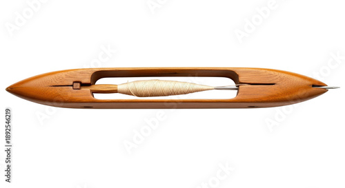 Wooden weaving shuttle with cream yarn bobbin isolated PNG with Transparent Background