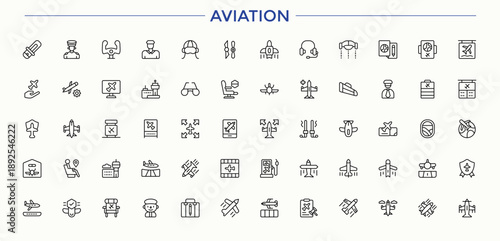 Aviation vector line icon set. Flight modern icon set. Contains such symbols as travel, air, flight, fly, transport, aircraft and more. Editable vector. Pixel perfect.
