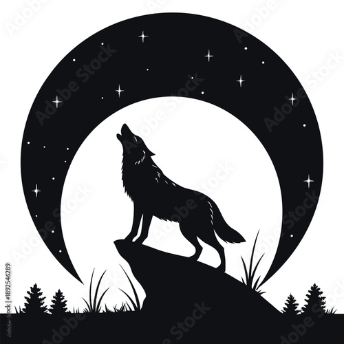 A black silhouette of a wolf howling at the moon in a dark night sky
