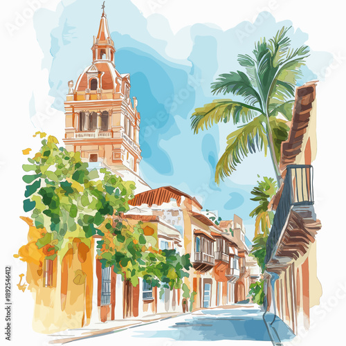 Cartagena Old Town. Cartagena Old Town hand drawn watercolor illustration