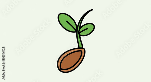 Cartoon sprouting seedling with green leaves and brown seed on light background symbolizing growth and new beginnings in nature