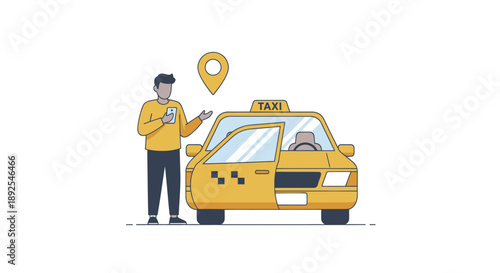 Taxi Driver Standing Next to Yellow Cab.