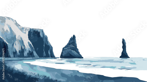 Reynisfjara Black Sand Beach. Reynisfjara Black Sand Beach watercolor vector illustration